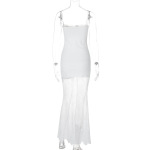 Fashionable Square Neck Bodycon Long Dress with Lace Sheer Panel and Spaghetti Straps