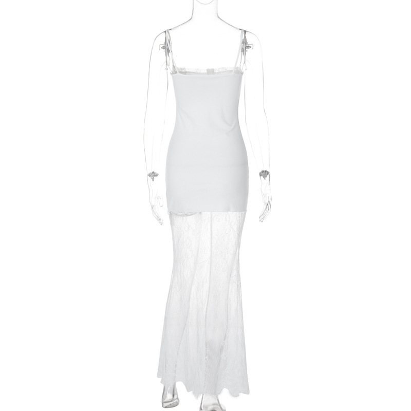 Fashionable Square Neck Bodycon Long Dress with Lace Sheer Panel and Spaghetti Straps