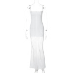 Fashionable Square Neck Bodycon Long Dress with Lace Sheer Panel and Spaghetti Straps