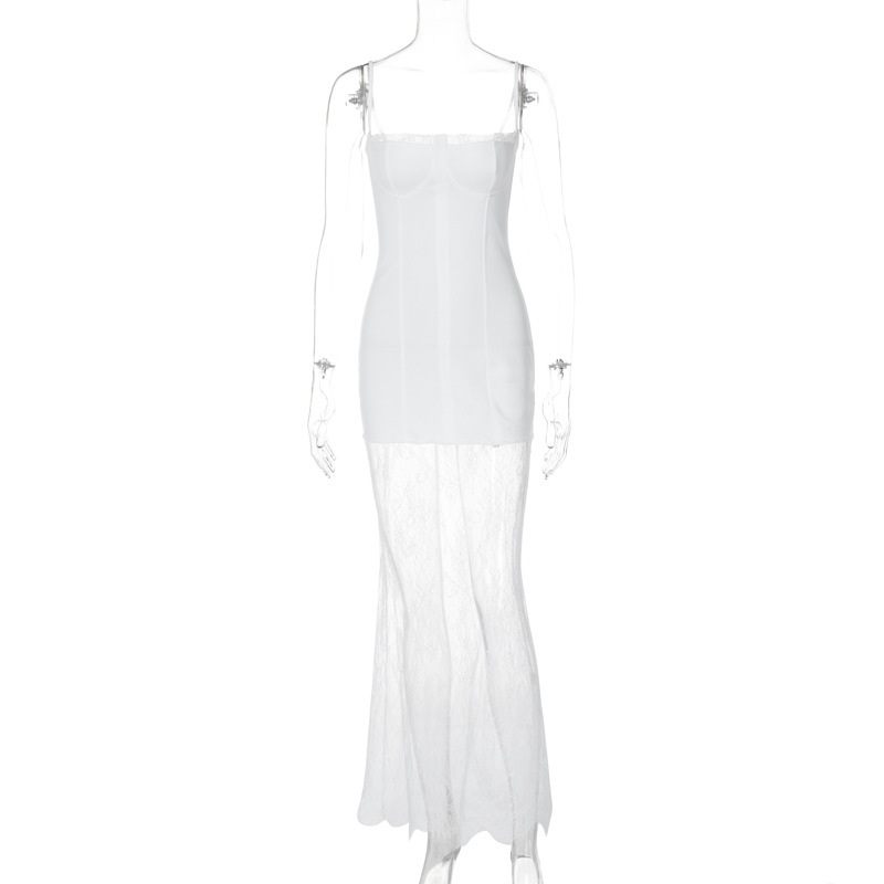 Fashionable Square Neck Bodycon Long Dress with Lace Sheer Panel and Spaghetti Straps