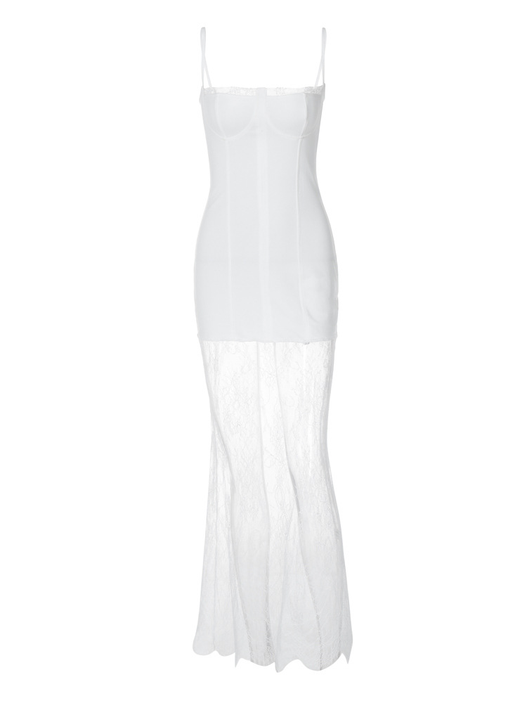 Fashionable Square Neck Bodycon Long Dress with Lace Sheer Panel and Spaghetti Straps