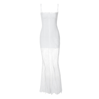 Fashionable Square Neck Bodycon Long Dress with Lace Sheer Panel and Spaghetti Straps 01