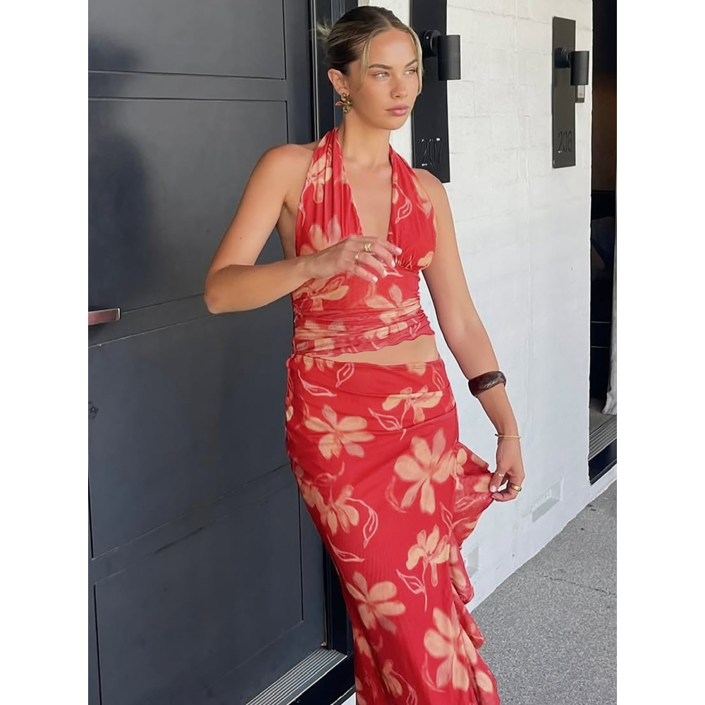 Sexy Deep V Wrap Crop Top Split Long Ruffle Halter Maxi Dress