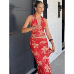 Sexy Deep V Wrap Crop Top Split Long Ruffle Halter Maxi Dress