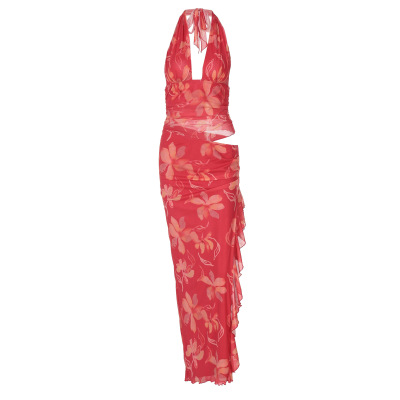 Sexy Deep V Wrap Crop Top Split Long Ruffle Halter Maxi Dress 01