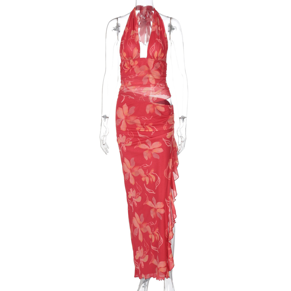 Sexy Deep V Wrap Crop Top Split Long Ruffle Halter Maxi Dress
