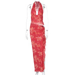 Sexy Deep V Wrap Crop Top Split Long Ruffle Halter Maxi Dress