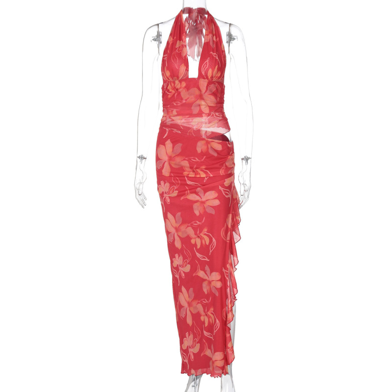 Sexy Deep V Wrap Crop Top Split Long Ruffle Halter Maxi Dress