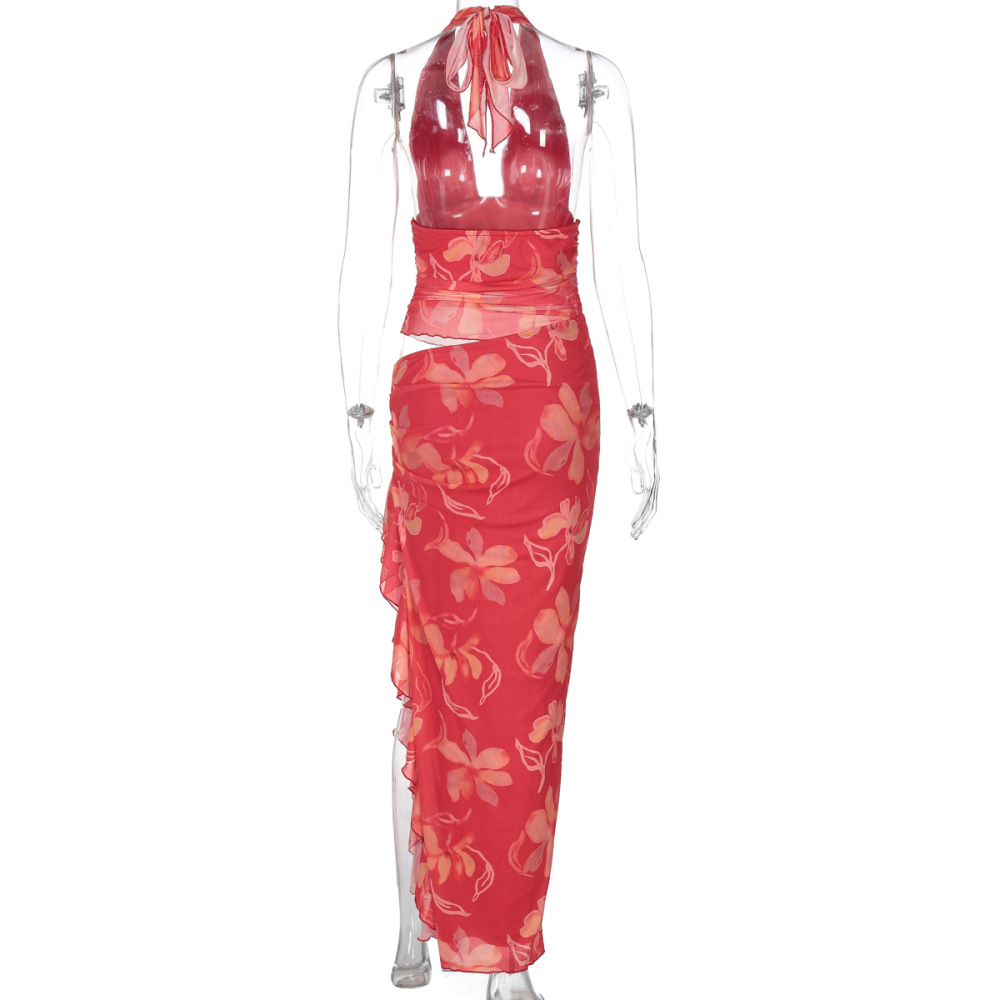 Sexy Deep V Wrap Crop Top Split Long Ruffle Halter Maxi Dress