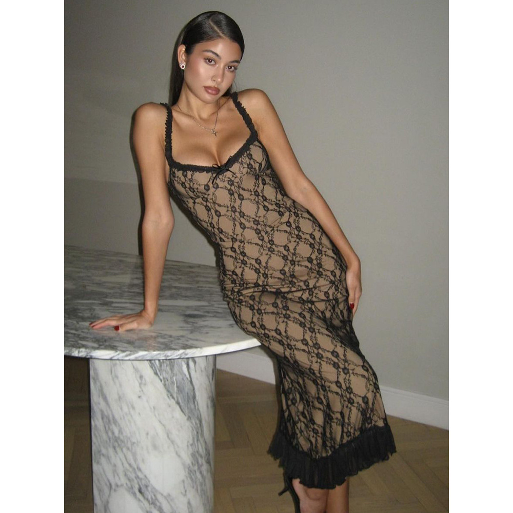 Sexy Lace Detail Bow-Tie Midi Dress with Sleeveless Back Zip