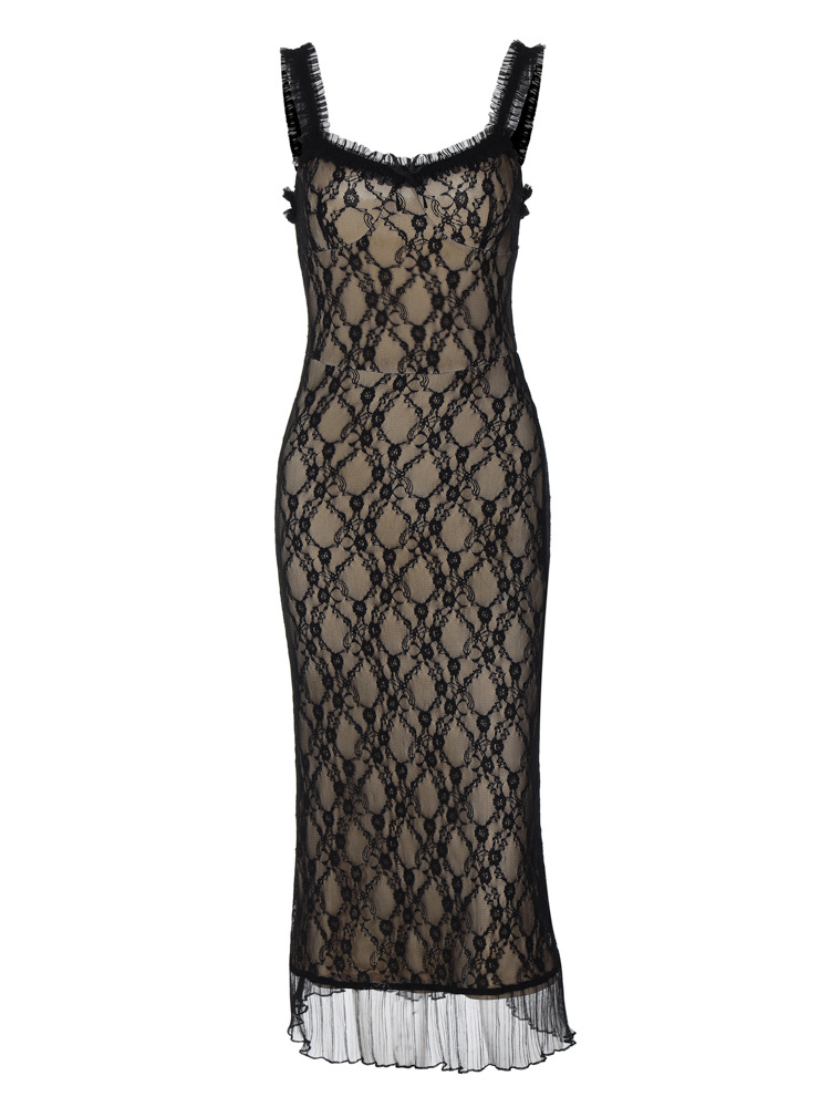 Sexy Lace Detail Bow-Tie Midi Dress with Sleeveless Back Zip