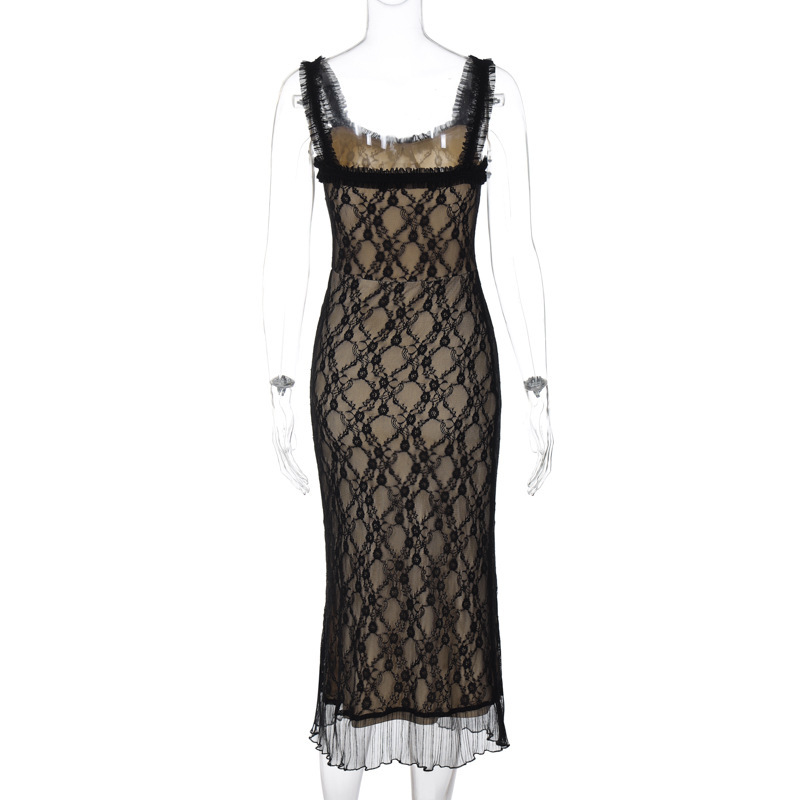 Sexy Lace Detail Bow-Tie Midi Dress with Sleeveless Back Zip