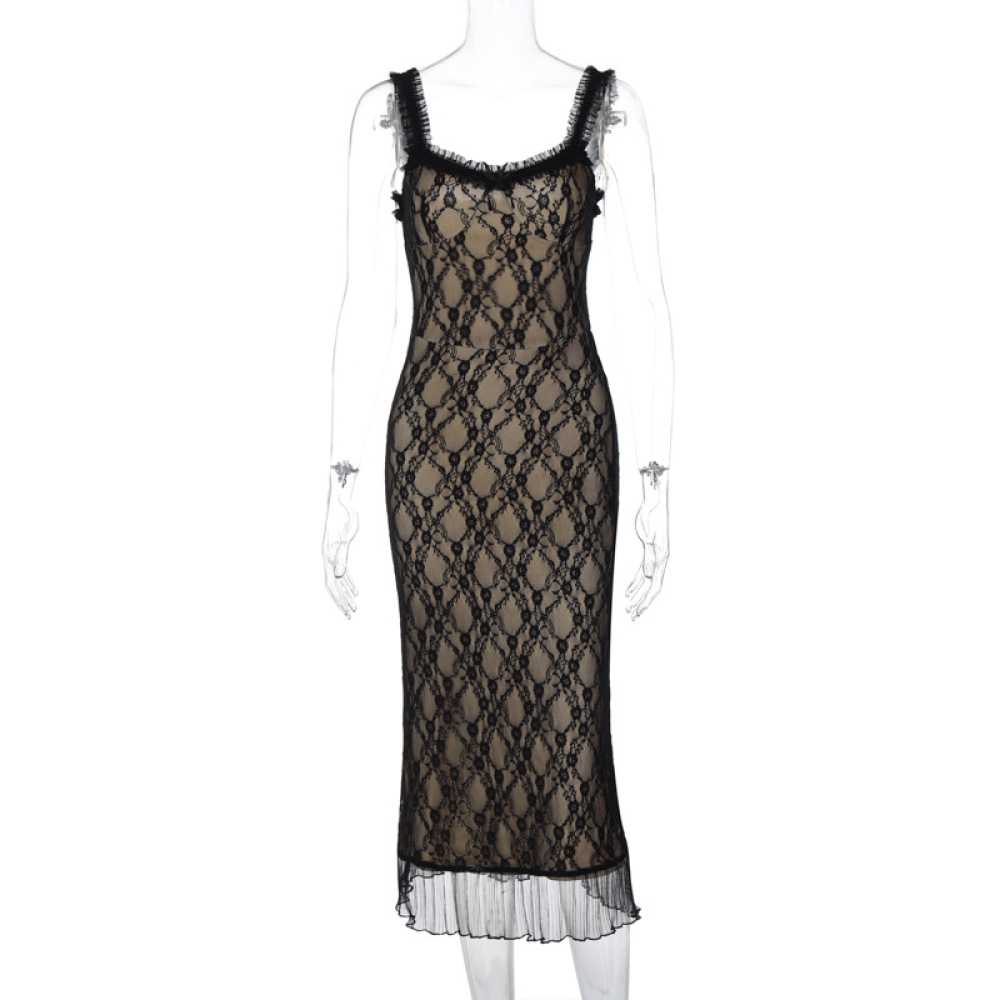 Sexy Lace Detail Bow-Tie Midi Dress with Sleeveless Back Zip