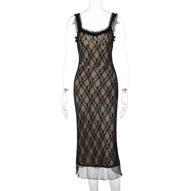 Sexy Lace Detail Bow-Tie Midi Dress with Sleeveless Back Zip