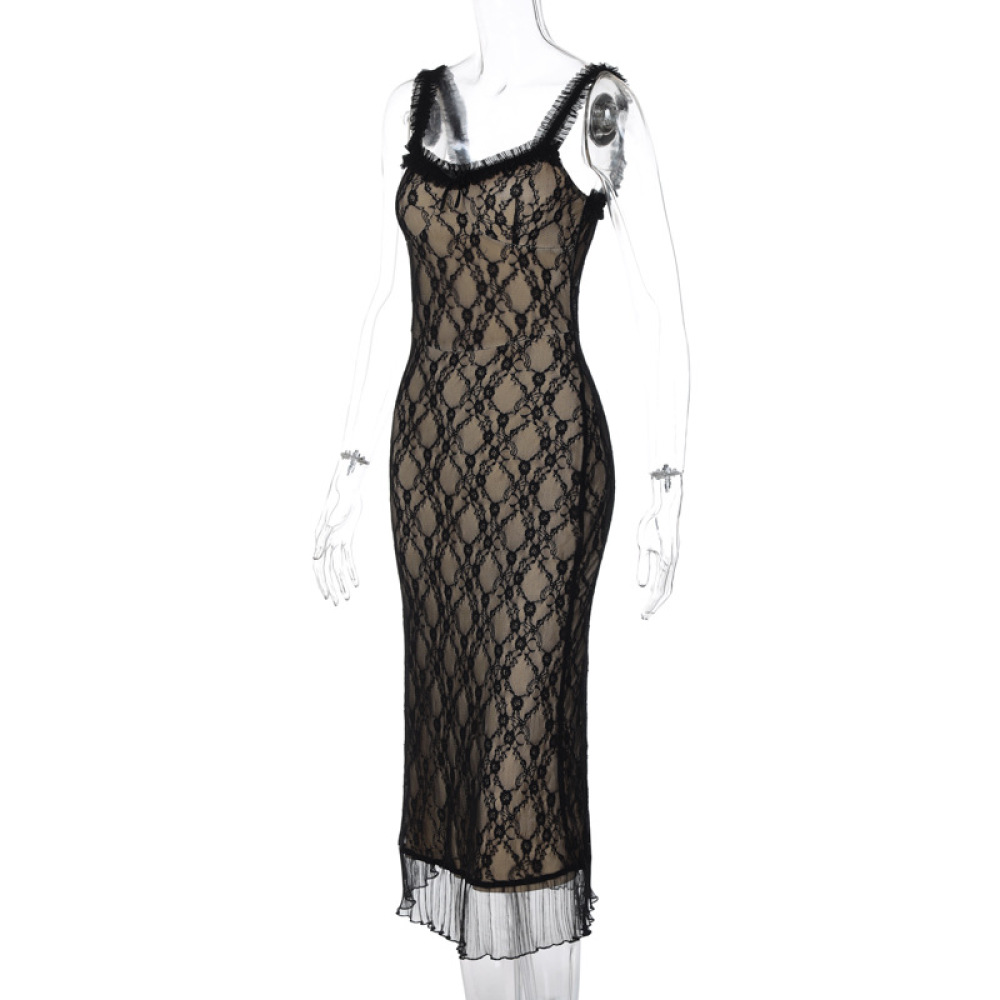 Sexy Lace Detail Bow-Tie Midi Dress with Sleeveless Back Zip