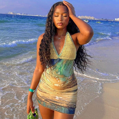 Sexy Printed & Knit Deep V Halter Bodycon Dress 02