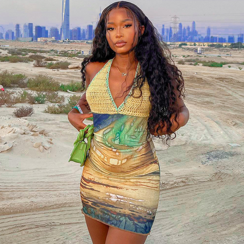 Sexy Printed & Knit Deep V Halter Bodycon Dress