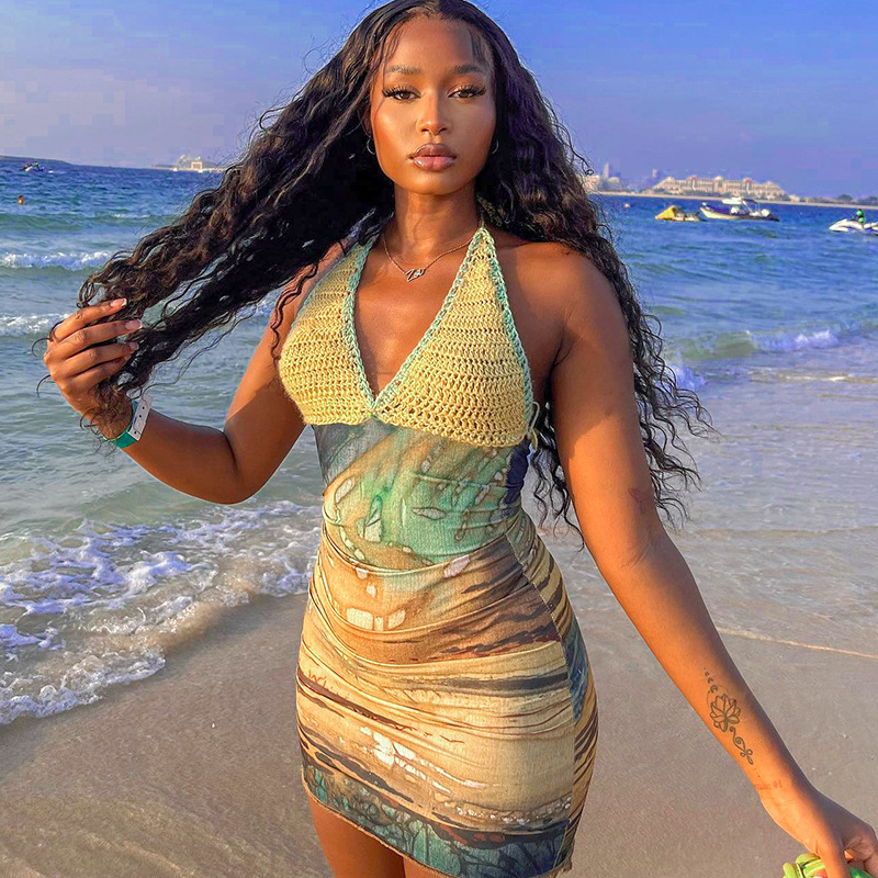 Sexy Printed & Knit Deep V Halter Bodycon Dress