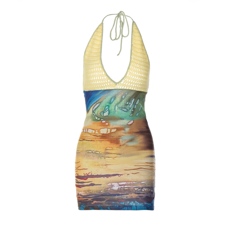 Sexy Printed & Knit Deep V Halter Bodycon Dress