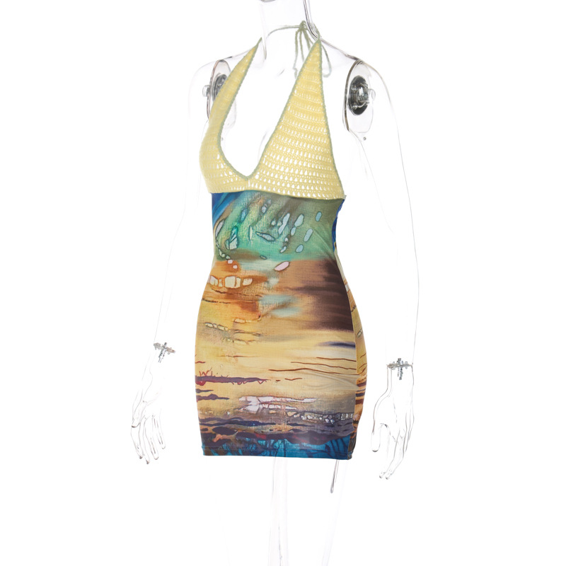 Sexy Printed & Knit Deep V Halter Bodycon Dress