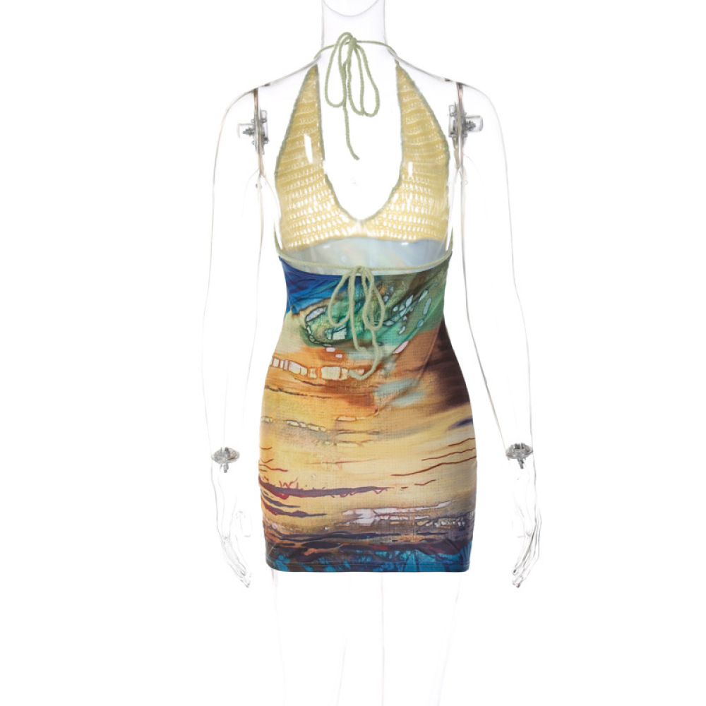 Sexy Printed & Knit Deep V Halter Bodycon Dress