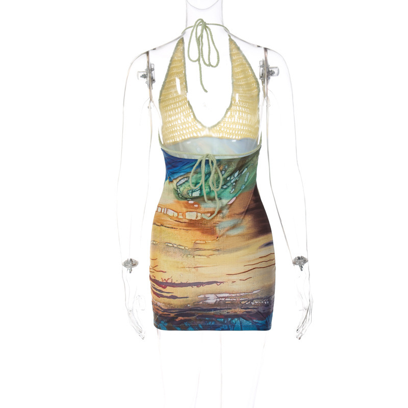 Sexy Printed & Knit Deep V Halter Bodycon Dress