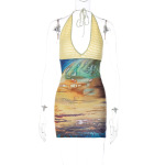 Sexy Printed & Knit Deep V Halter Bodycon Dress