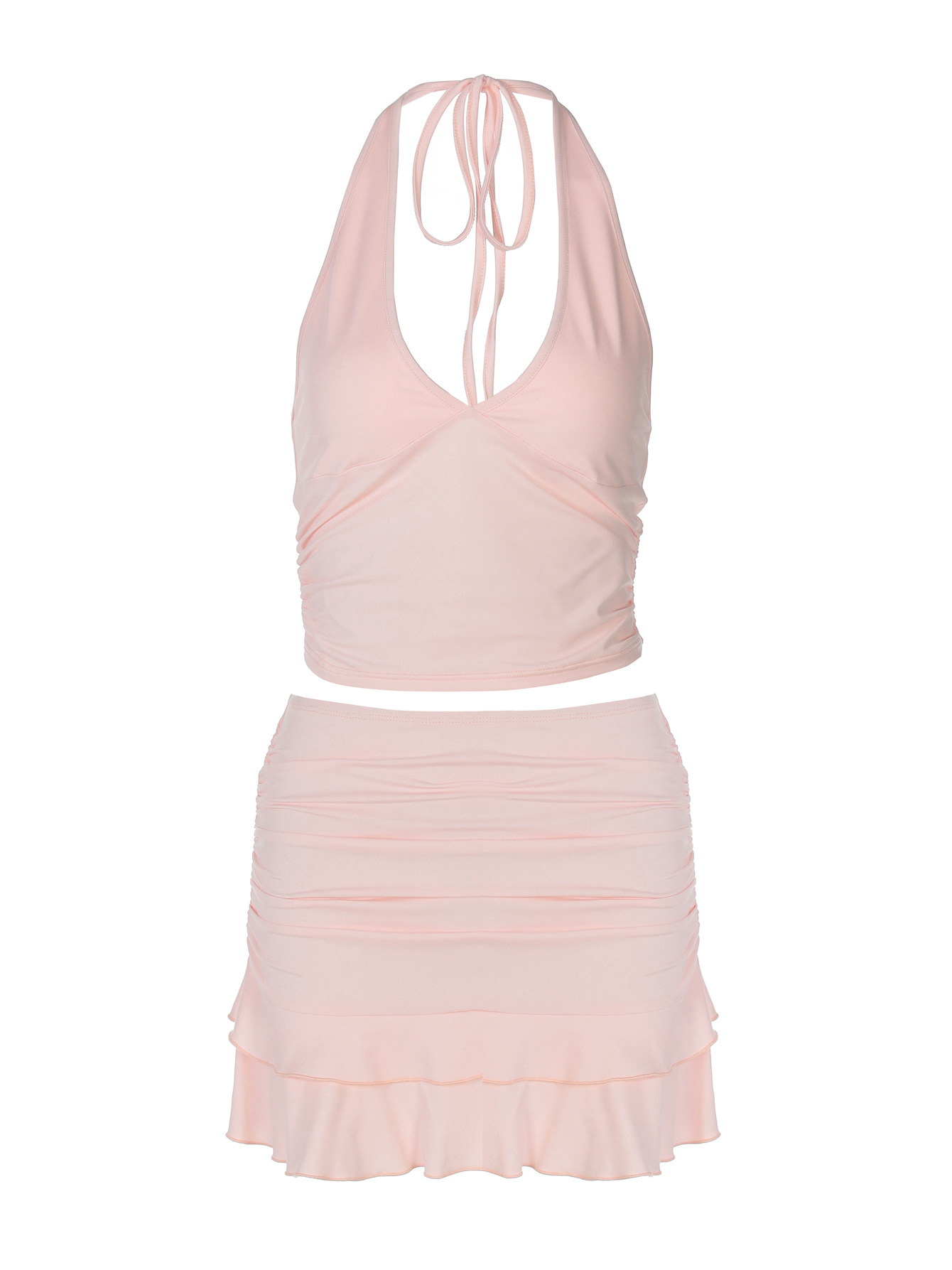 Sexy V-Neck Cutout Halter Crop Top & Fitted Solid Color Ruffle Mini Skirt Set