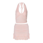 Sexy V-Neck Cutout Halter Crop Top & Fitted Solid Color Ruffle Mini Skirt Set