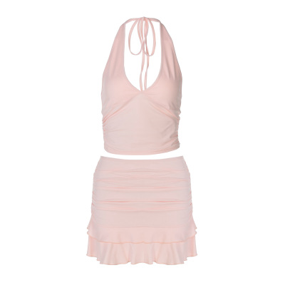 Sexy V-Neck Cutout Halter Crop Top & Fitted Solid Color Ruffle Mini Skirt Set 01