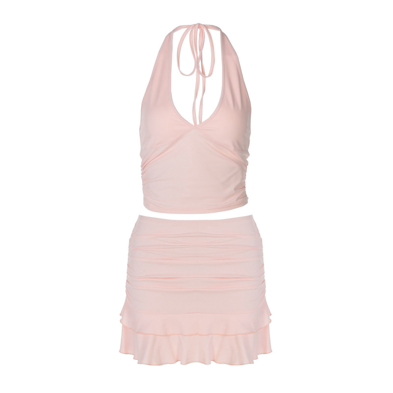 Sexy V-Neck Cutout Halter Crop Top & Fitted Solid Color Ruffle Mini Skirt Set