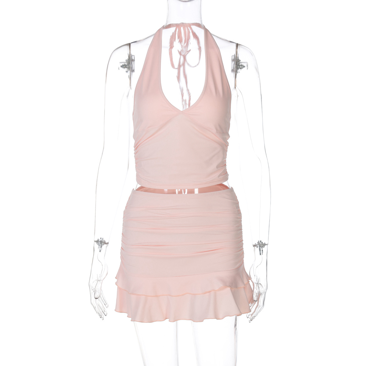 Sexy V-Neck Cutout Halter Crop Top & Fitted Solid Color Ruffle Mini Skirt Set