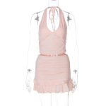 Sexy V-Neck Cutout Halter Crop Top & Fitted Solid Color Ruffle Mini Skirt Set