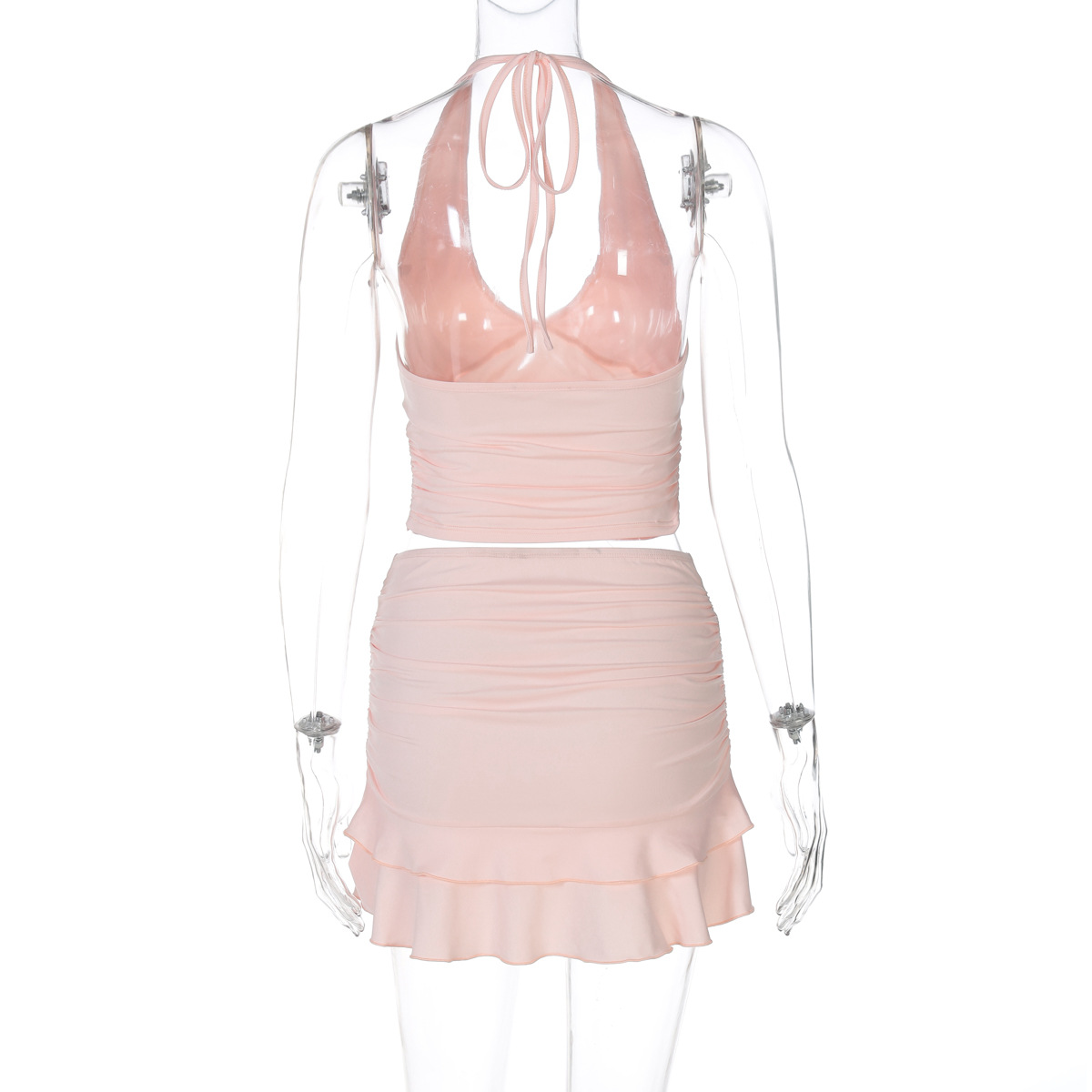 Sexy V-Neck Cutout Halter Crop Top & Fitted Solid Color Ruffle Mini Skirt Set