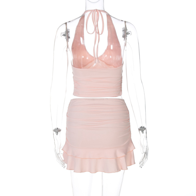 Sexy V-Neck Cutout Halter Crop Top & Fitted Solid Color Ruffle Mini Skirt Set