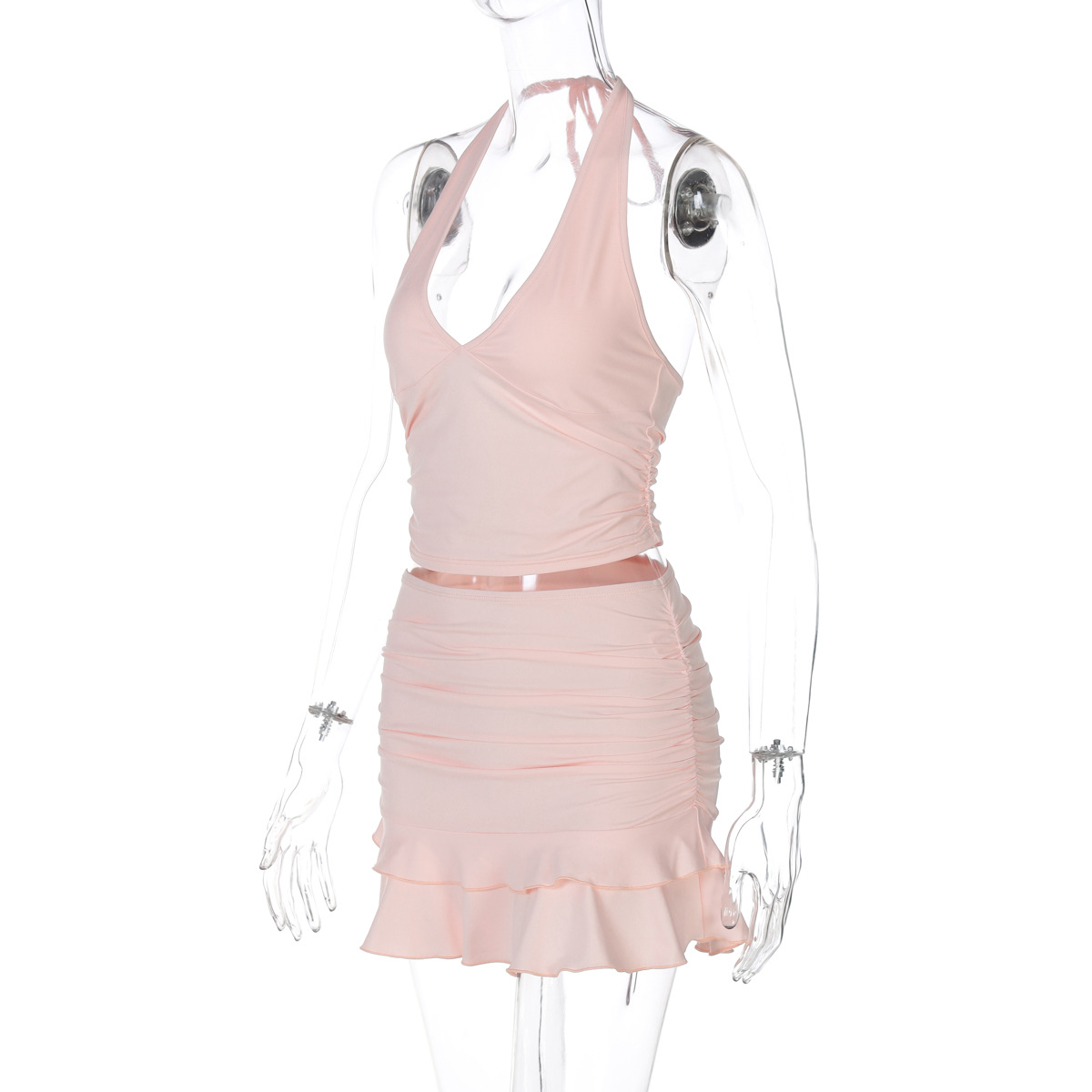 Sexy V-Neck Cutout Halter Crop Top & Fitted Solid Color Ruffle Mini Skirt Set