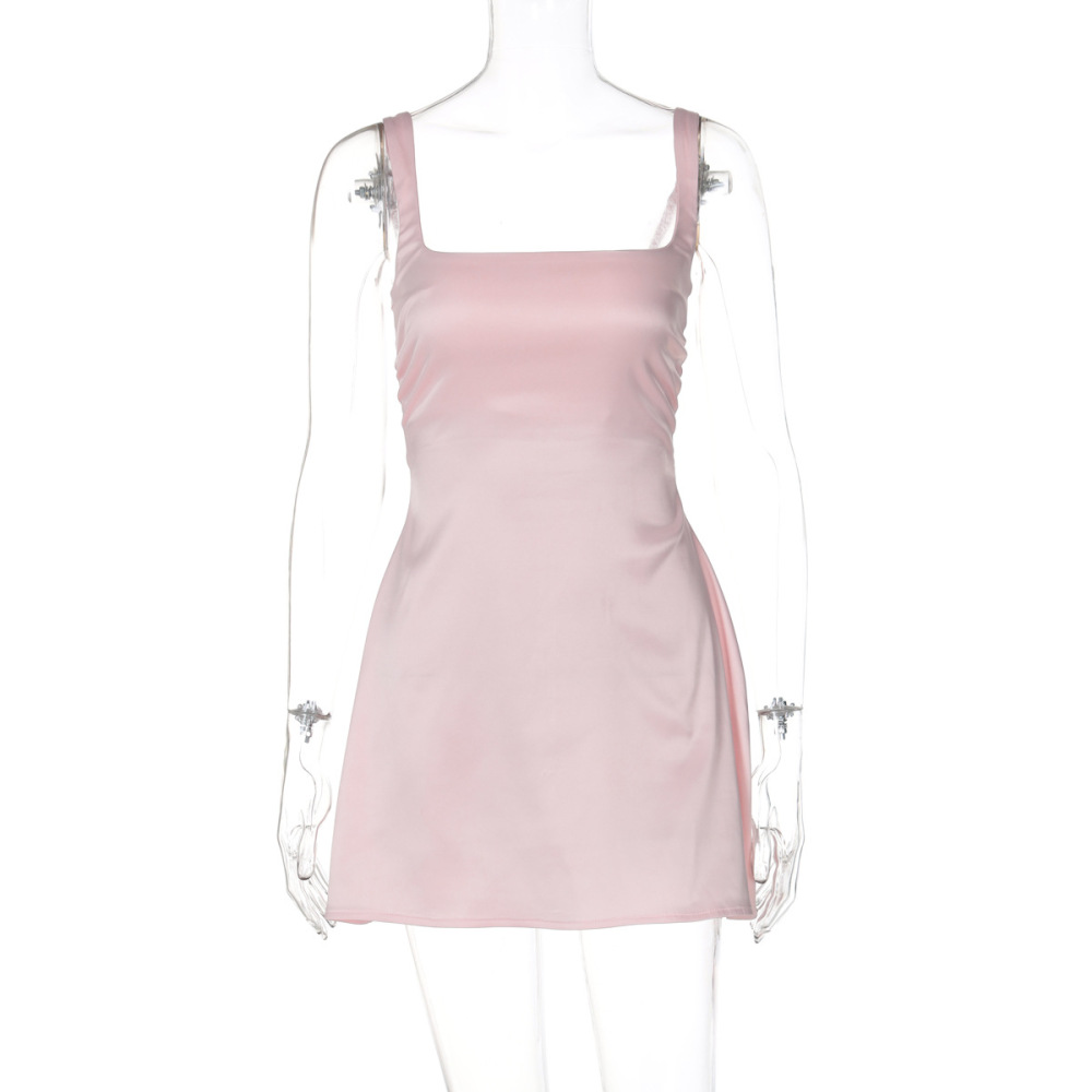 Chic Satin Spaghetti Strap Solid Color Mini Dress