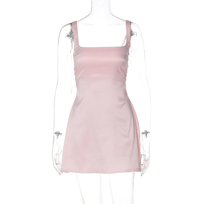 Chic Satin Spaghetti Strap Solid Color Mini Dress