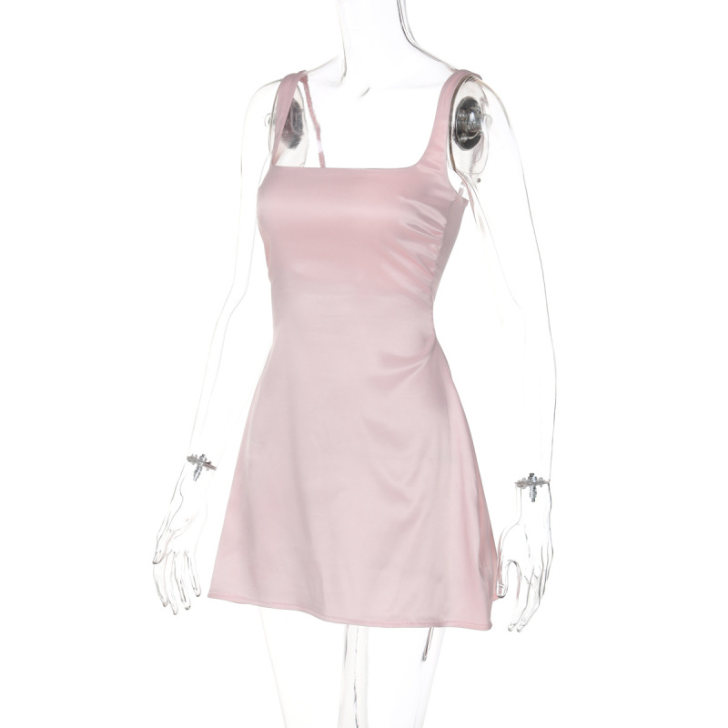 Chic Satin Spaghetti Strap Solid Color Mini Dress