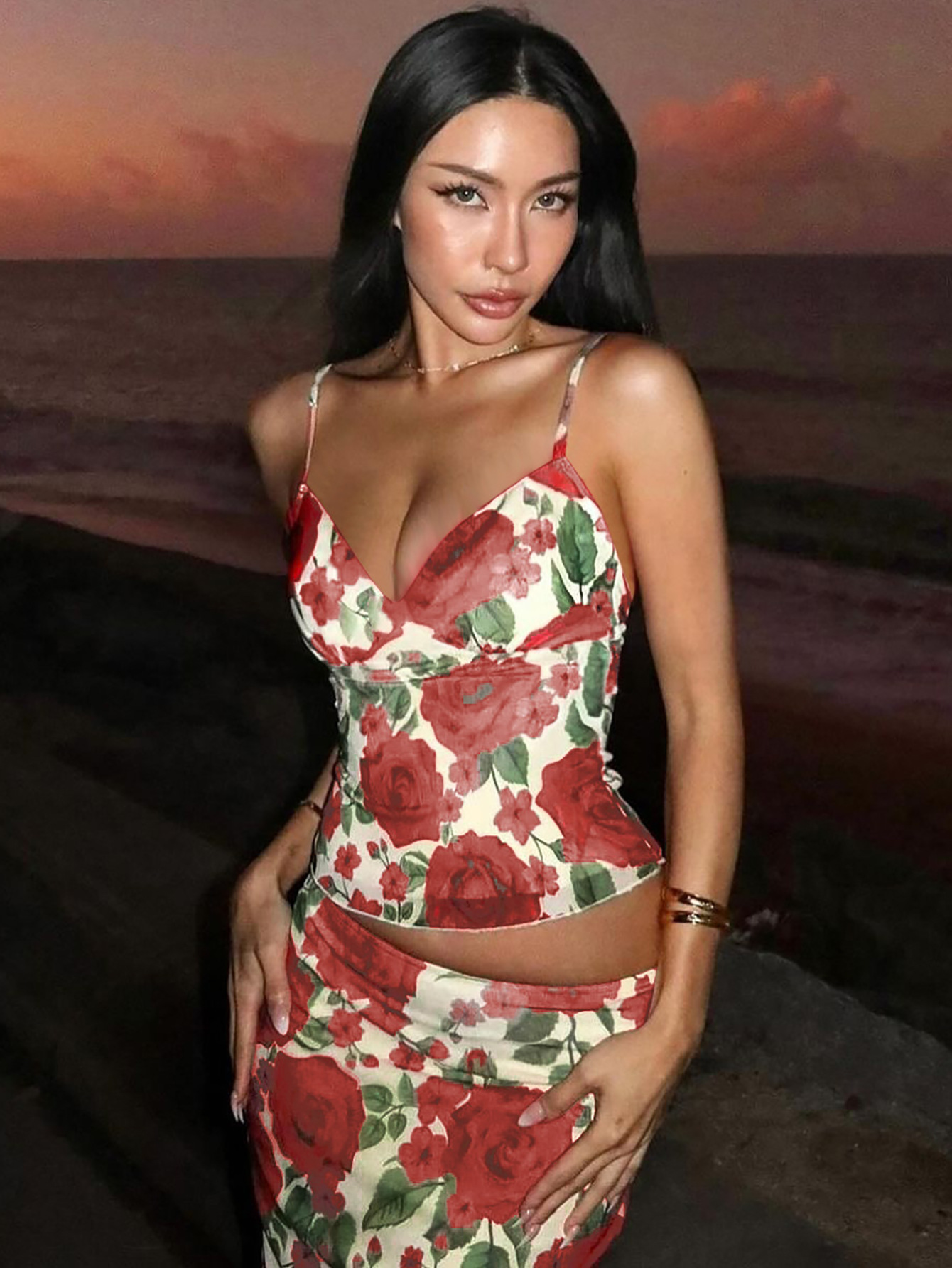 Fashion Floral Stamen Print V-Neck Spaghetti Strap Bodycon Maxi set