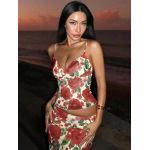 Fashion Floral Stamen Print V-Neck Spaghetti Strap Bodycon Maxi set