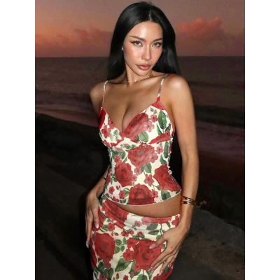 Fashion Floral Stamen Print V-Neck Spaghetti Strap Bodycon Maxi set 02