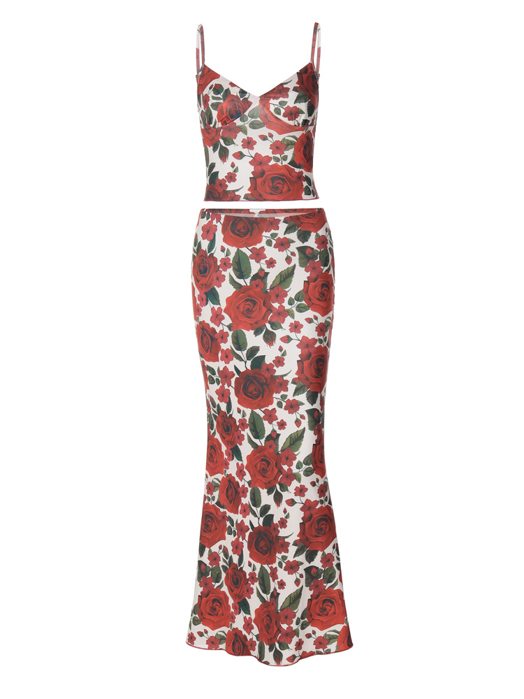 Fashion Floral Stamen Print V-Neck Spaghetti Strap Bodycon Maxi set