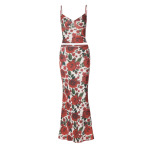 Fashion Floral Stamen Print V-Neck Spaghetti Strap Bodycon Maxi set
