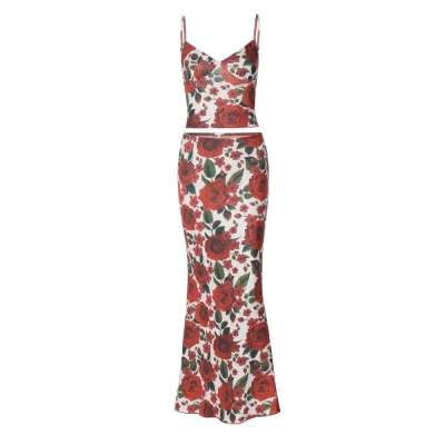 Fashion Floral Stamen Print V-Neck Spaghetti Strap Bodycon Maxi set 01