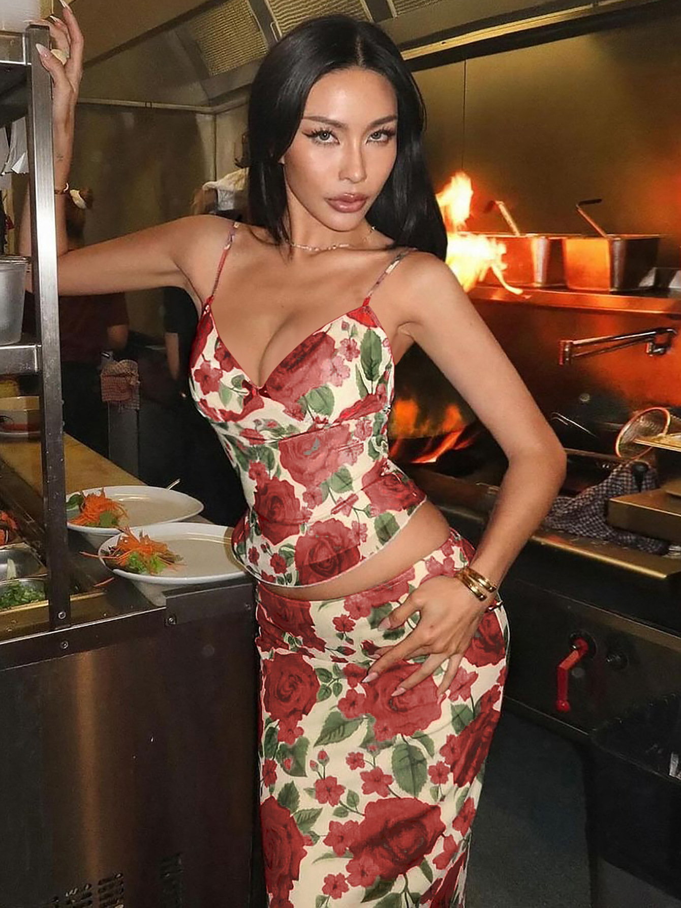 Fashion Floral Stamen Print V-Neck Spaghetti Strap Bodycon Maxi set