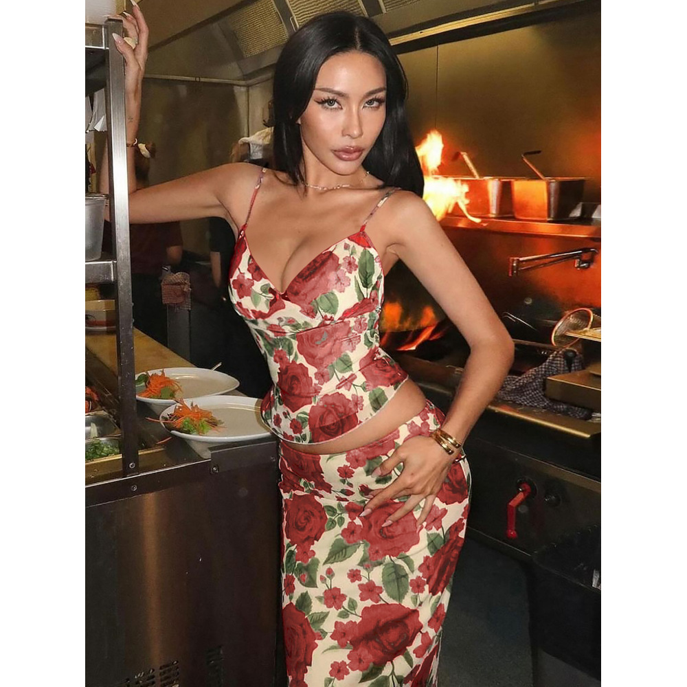 Fashion Floral Stamen Print V-Neck Spaghetti Strap Bodycon Maxi set