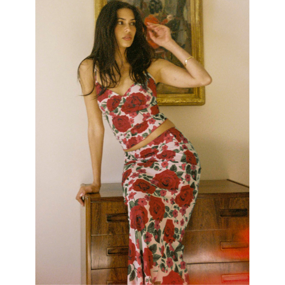 Fashion Floral Stamen Print V-Neck Spaghetti Strap Bodycon Maxi set