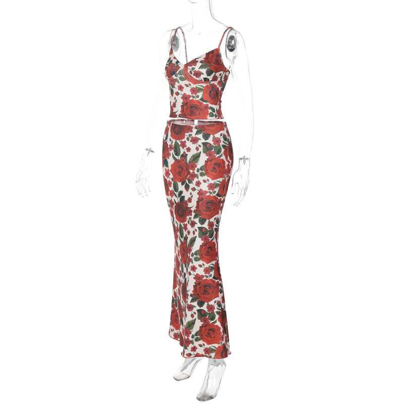 Fashion Floral Stamen Print V-Neck Spaghetti Strap Bodycon Maxi set