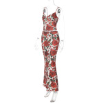 Fashion Floral Stamen Print V-Neck Spaghetti Strap Bodycon Maxi set